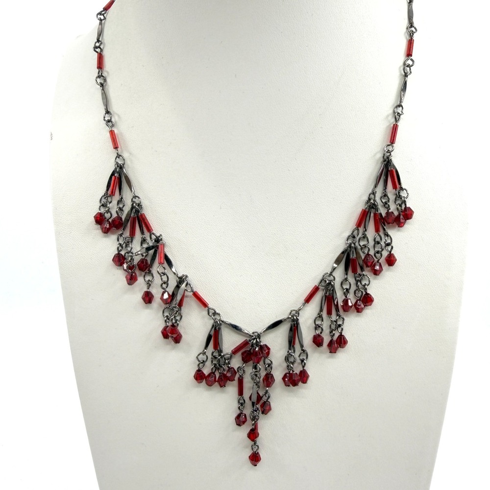 Red Crystal Fringe Statement Necklace Chandelier Boho Gothic Jewelry Gift Idea